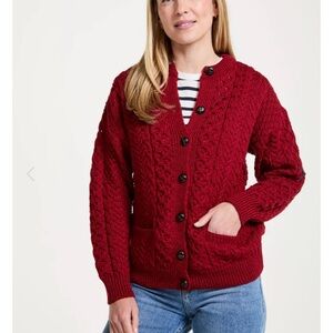 New aran woollen mills Achill Island Ladies Merino Aran Cardigan - Red size xxl